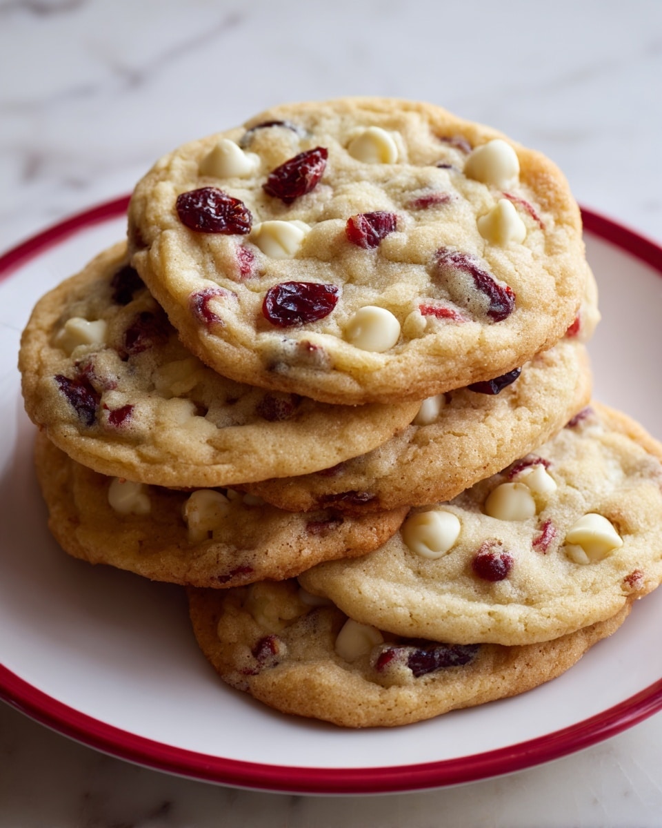 The image shows a stack of cookies on a white plate with a plain red edge. Each cookie has a light golden brown color with visible white chocolate chips and dried red cranberries spread evenly on the top layer. The cookies are thick, soft with some slight cracks showing texture. The cookies are stacked neatly, four or five in total, giving a sense of homemade freshness. The background is a white marbled surface. Photo taken with an iphone --ar 4:5 --v 7
