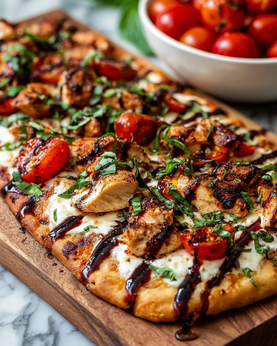 A rectangular flatbread pizza rests on a wooden board with a golden, slightly thick crust. The first layer is melted white cheese, topped with grilled chicken pieces that have a light brown, seasoned surface. Scattered halved cherry tomatoes add bright red contrast, and fresh green basil leaves are spread on top. Dark balsamic glaze is drizzled over the entire pizza, creating a shiny, rich finish with streaks of deep brown. In the background, a white bowl filled with whole cherry tomatoes sits on a white marbled surface. photo taken with an iphone --ar 4:5 --v 7