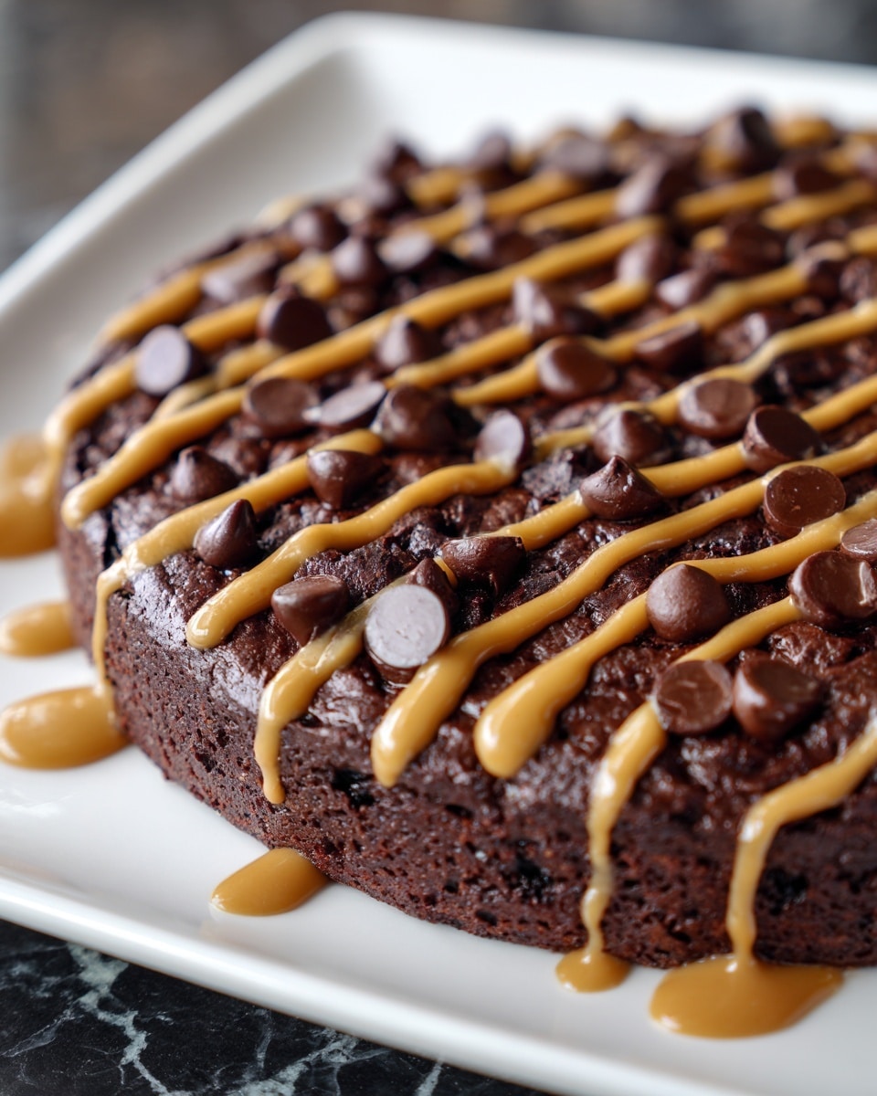 The first image shows a single round, thick brownie on a white plate. The brownie is dark brown with a dense texture and is topped with large, glossy chocolate chips scattered evenly on the surface. On top of the brownie, there are smooth, light brown drizzles of peanut butter sauce that flow diagonally across. The second image shows a close-up of a square piece of brownie placed inside a white bowl. The brownie looks moist and soft, with a dense dark brown interior. The top of the brownie is decorated with a good amount of shiny chocolate chips and thick streams of smooth peanut butter sauce dripping slightly down the sides. The background is a white marbled texture. photo taken with an iphone --ar 4:5 --v 7