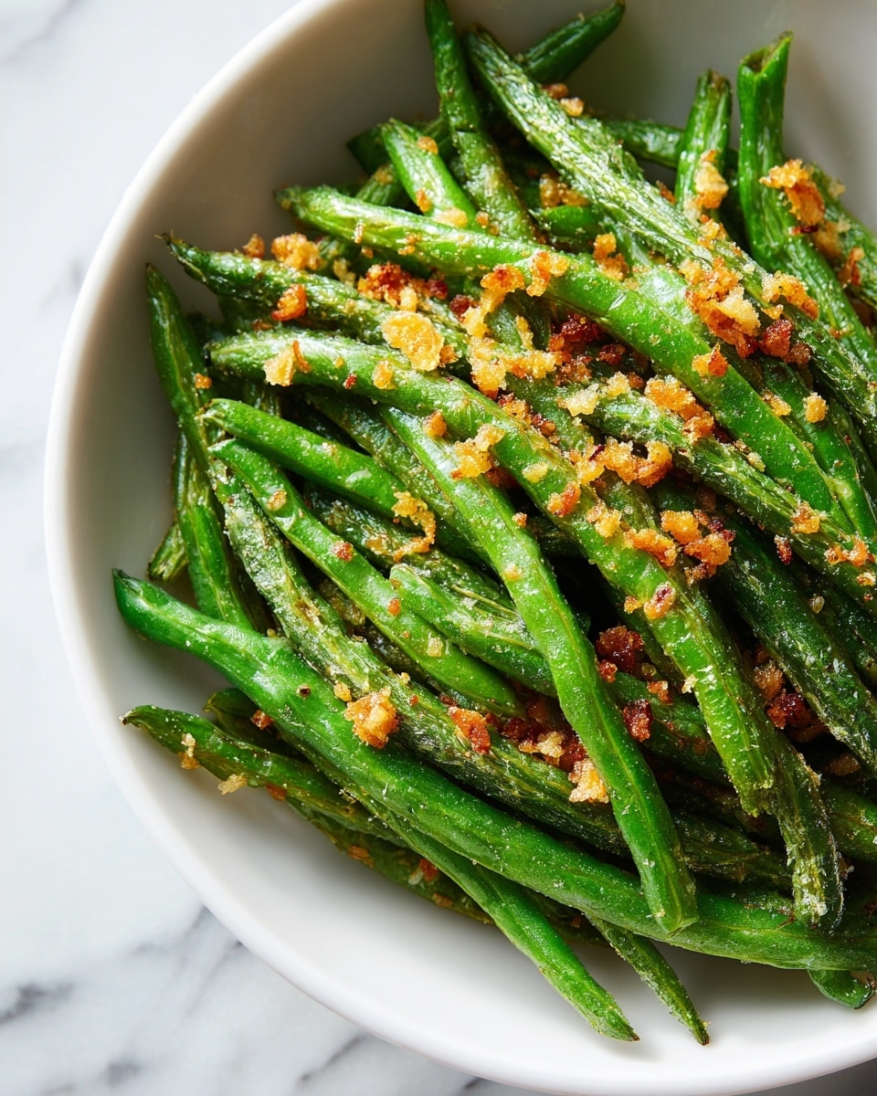 The image shows a close-up of cooked green beans placed together in a white dish. The green beans are a bright green color with some parts slightly browned, indicating they are roasted. There are small, crunchy-looking bits of golden brown garlic or breadcrumb sprinkled evenly over the beans, adding texture and color. The dish sits on a white marbled surface, creating a clean and fresh look. The photo taken with an iphone --ar 4:5 --v 7