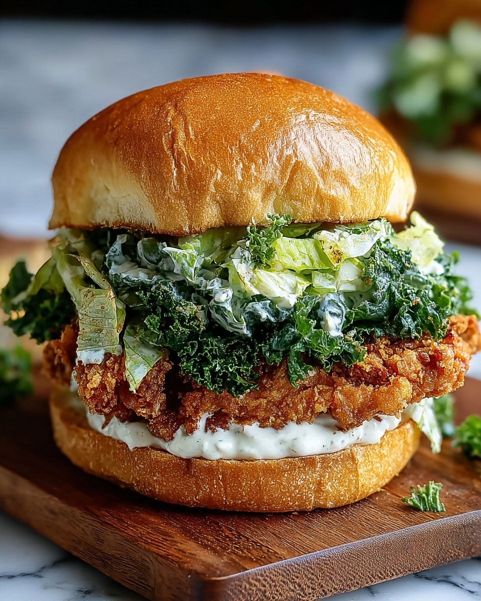 The image shows a close-up of a sandwich with four visible layers. The bottom layer is a soft, lightly toasted golden bun with some white creamy sauce spread on it. On top of that is a thick, crispy, golden-brown fried chicken fillet with a crunchy texture. Above the chicken is a mix of fresh, dark green kale and light green lettuce, coated lightly in a white dressing. The sandwich is topped with a soft, shiny, golden bun that looks fresh and slightly cracked on the top. The sandwich sits on a wooden board over a white marbled surface. Photo taken with an iphone --ar 4:5 --v 7