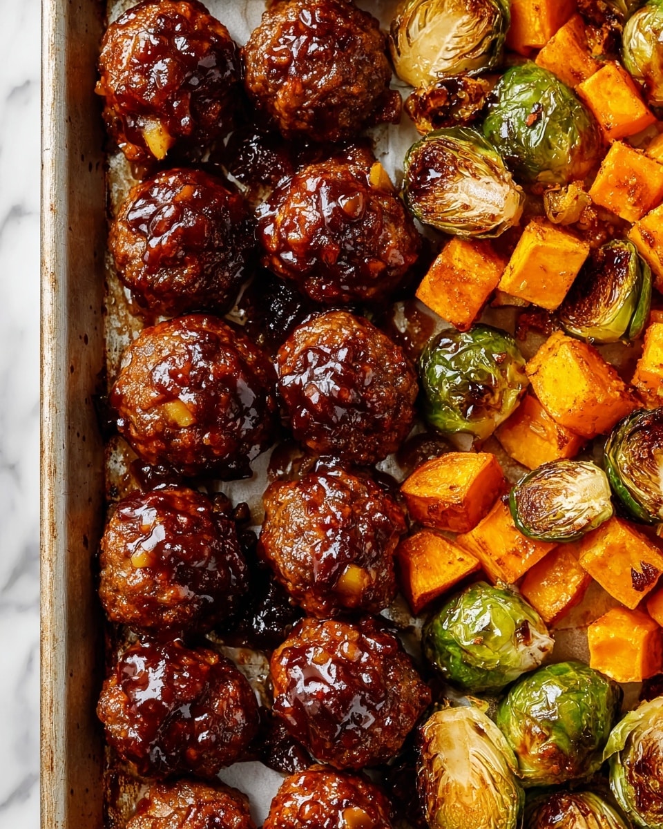 The image shows a close-up of a baking tray with two main parts: on the left, about two rows of rounded meatballs covered in a thick, shiny, dark brown glaze with visible small chunks of ingredients giving a textured look, and on the right, roasted vegetables including small, browned Brussels sprouts with crisp edges and orange sweet potato cubes with a slightly charred surface; the tray background has a light grayish baking sheet texture, all against a white marbled surface. photo taken with an iphone --ar 4:5 --v 7