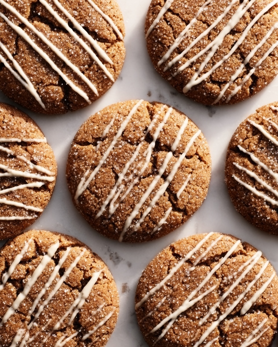 The image shows round cookies with a cracked, golden-brown surface arranged closely together on a white marbled texture. Each cookie is decorated with thin diagonal lines of white icing drizzled on top, adding a delicate contrast to the darker brown color of the cookie. The cookies have a slightly rough texture, indicating a soft, chewy interior, and the lighting highlights the sugar granules on the surface, making them look fresh and inviting. photo taken with an iphone --ar 4:5 --v 7