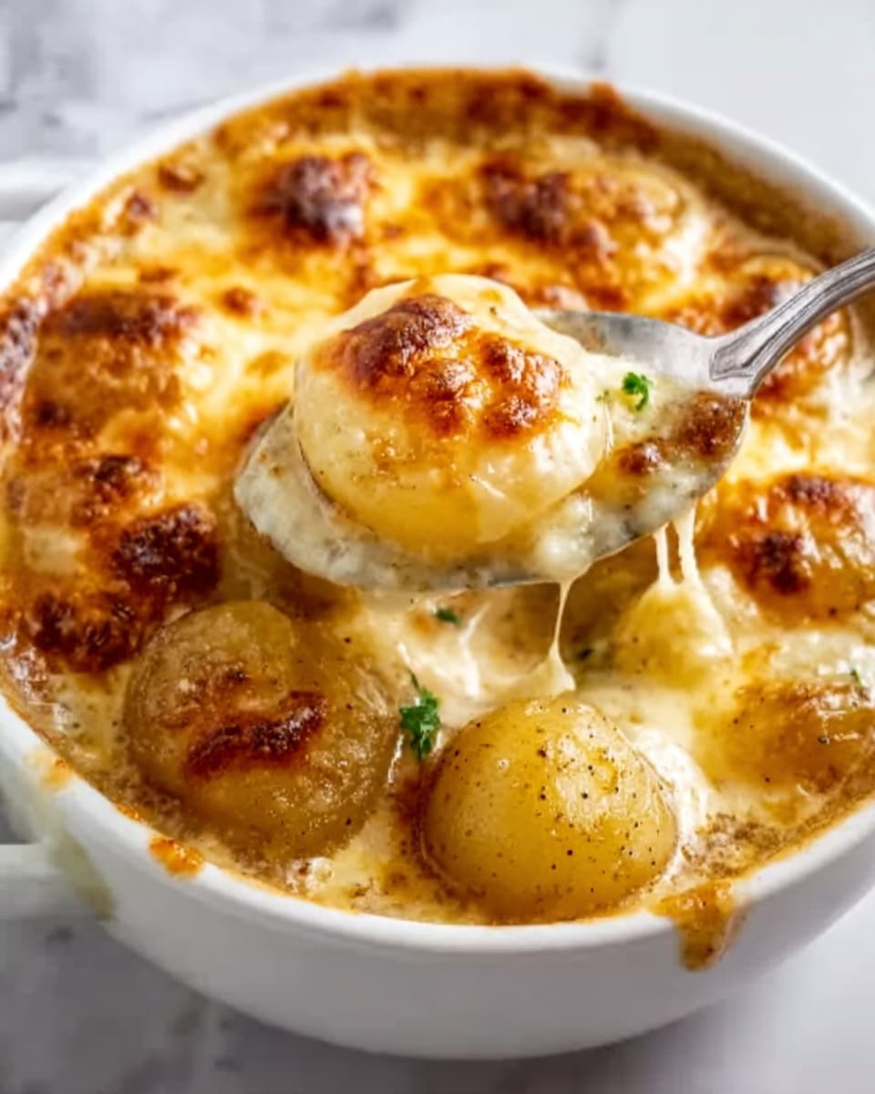 A close-up view of a white bowl filled with a baked dish that has a thick layer of golden-brown melted cheese on top. The surface of the cheese is slightly crispy and bubbly with some browned spots. Underneath, there is a creamy, light yellow sauce with small round potatoes partially covered by the cheese. A silver spoon is scooping up a bite, pulling up stretchy melted cheese with a few whole potatoes clinging to it. The bowl sits on a white marbled surface. photo taken with an iphone --ar 4:5 --v 7