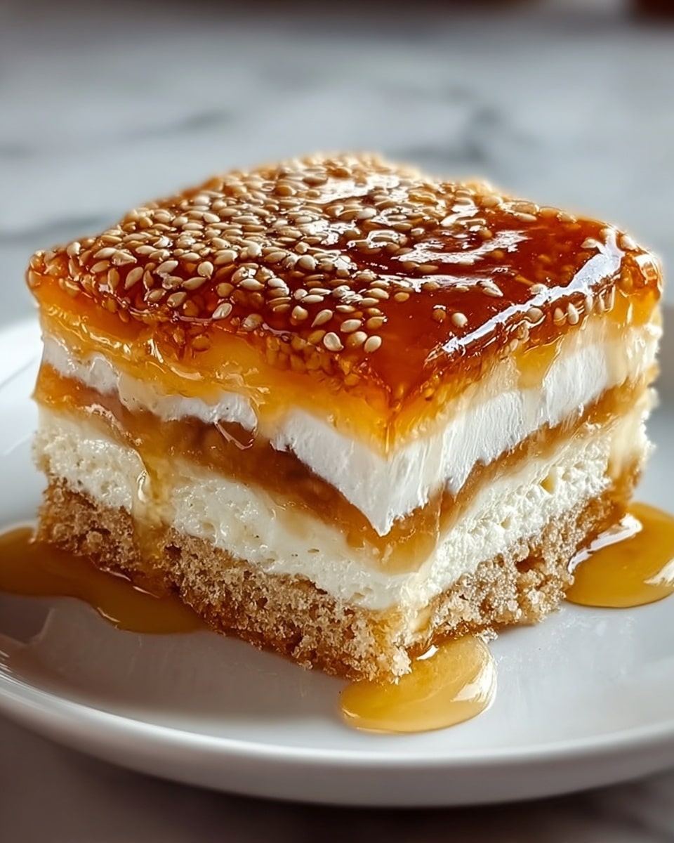 A square slice of dessert with four clear layers sits on a white plate placed on a white marbled surface. The bottom layer is a light brown, soft cake base with a crumbly texture. Above it is a thick white creamy layer, smooth and rich. Next comes a thinner, slightly darker brown layer with a moist, syrupy look. The top layer is a shiny amber glaze, thick and glossy, speckled with sesame seeds that add small texture. The syrup from the top glaze drips slightly down the sides, catching the light and creating a moist effect. Photo taken with an iphone --ar 4:5 --v 7