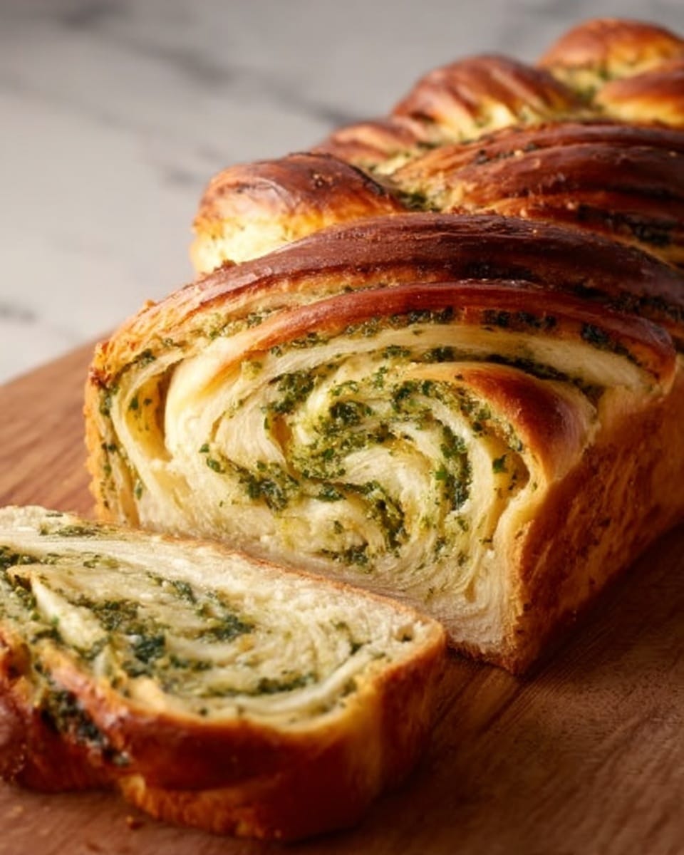 The image shows a sliced braided bread loaf on a wooden board. The bread has three visible layers of golden brown crust with darker spots, and inside, there are swirls of green herbs mixed with a creamy filling. The texture looks soft and fluffy, with a slightly crispy outer crust. A close-up of one slice shows the layers clearly with herbs spread evenly inside. The background is a white marbled texture, adding a clean and simple feel to the image. Photo taken with an iphone --ar 4:5 --v 7