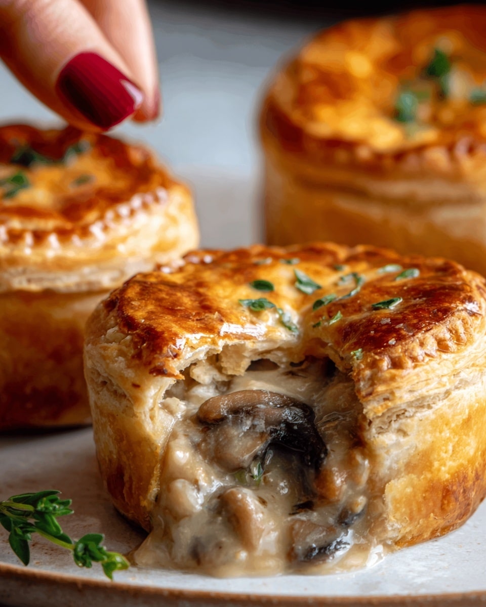 The image shows a close-up of two golden-brown, flaky mini pies on a white plate, with one pie cut open to reveal a creamy mushroom filling inside. The top crust is shiny and slightly cracked with small green herb pieces visible on it. The filling is thick and smooth, with chunks of dark brown mushrooms inside. The background is a white marbled texture, and a woman's hand with red-painted nails is gently touching one of the pies. Photo taken with an iphone --ar 4:5 --v 7