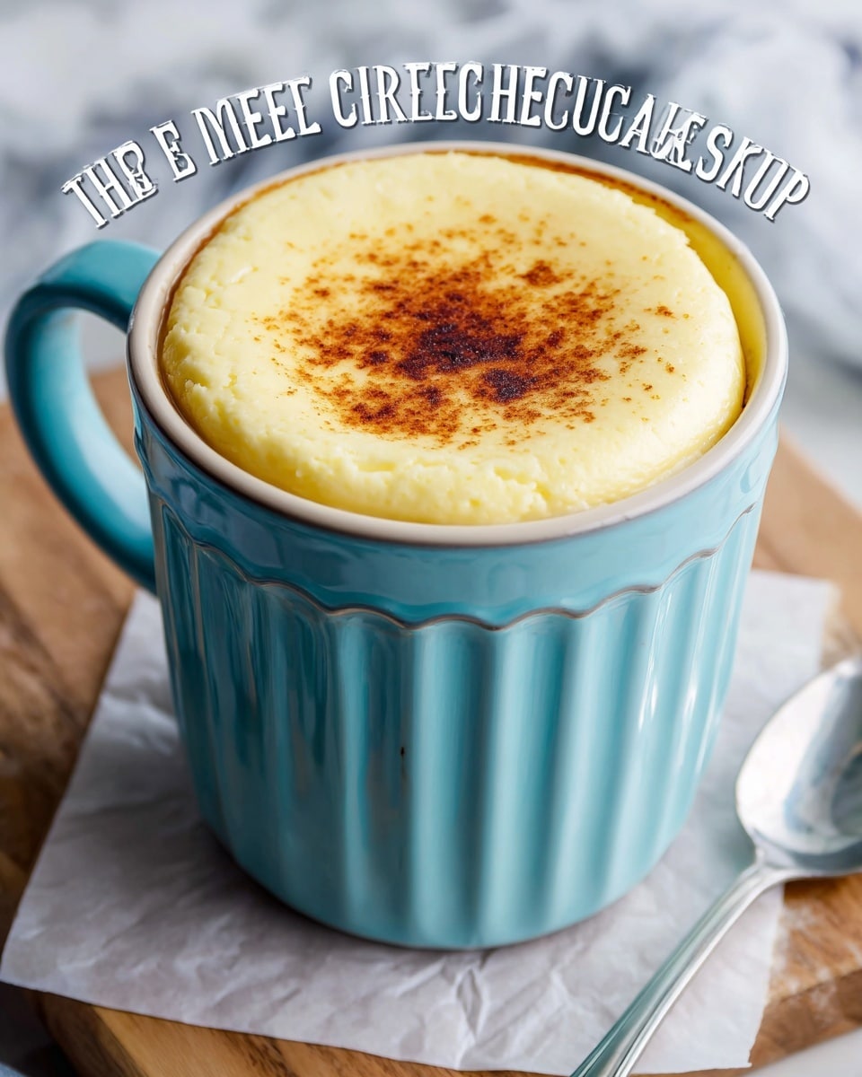 A light blue mug filled with a creamy cheesecake that has a slightly golden brown edge and a smooth pale yellow filling. The cheesecake fills the mug fully, showing soft ridges around the edges with a round, even surface on top. The mug is placed on white parchment paper over a light wooden surface, with a silver spoon nearby. The background has a white marbled texture with soft blurred kitchen elements. Photo taken with an iphone --ar 4:5 --v 7