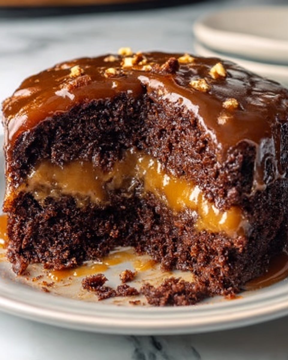 A rich chocolate cake with three visible layers sits on a white plate on a white marbled surface. The bottom layer is dense and dark brown with a moist texture. The middle layer is thick, gooey caramel in a golden amber color, slightly oozing out from the cut side. The top layer is another moist dark chocolate cake, covered with a shiny caramel glaze that drips slightly over the edges. Small bits of nuts are scattered on the top caramel glaze, adding texture. The cake looks fresh and soft, with crumbs around its base. Photo taken with an iphone --ar 4:5 --v 7