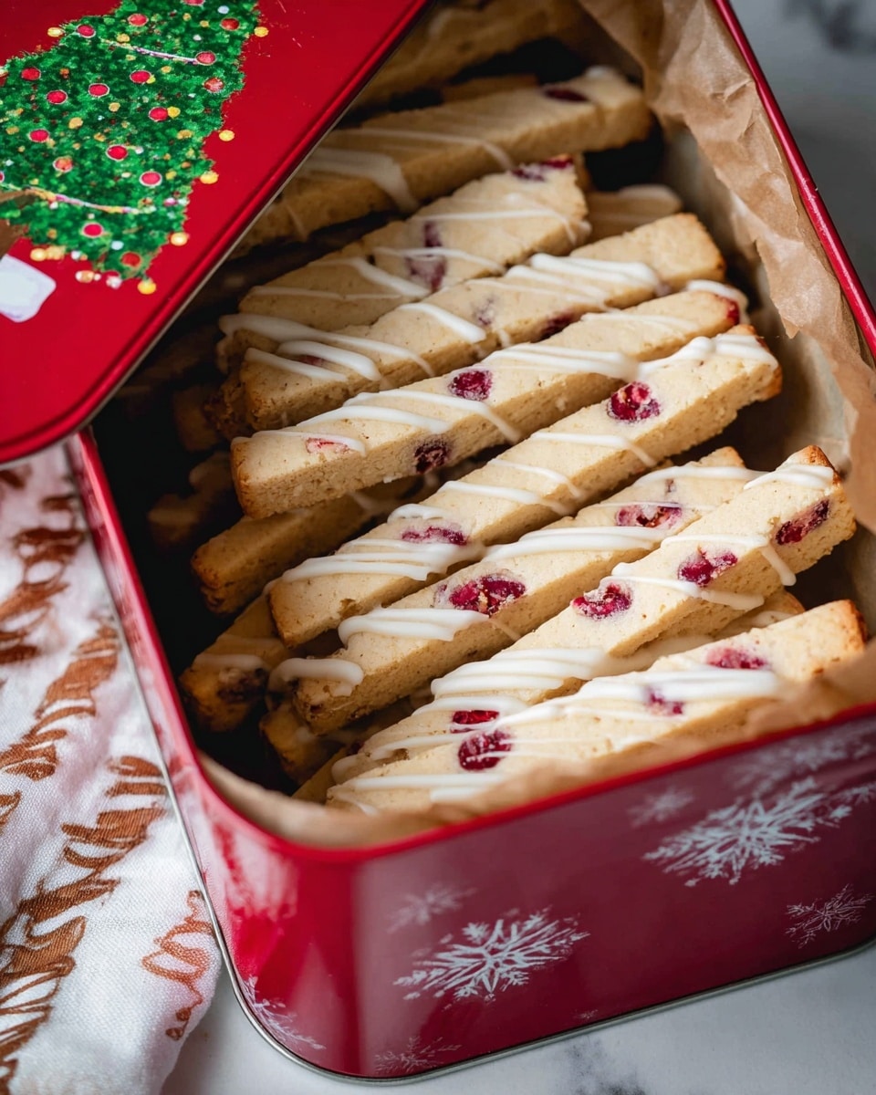 The image shows several long, rectangular cookies with small red berry pieces baked inside, layered neatly in a red tin box lined with brown parchment paper. Each cookie is drizzled with thin lines of white icing, creating a light contrast against the pale beige cookie dough. The tin box has a festive design with a green Christmas tree decoration visible on the lid and white snowflakes along the sides. The tin is placed on a white marbled surface with a white and brown patterned cloth partially visible underneath. Photo taken with an iphone --ar 4:5 --v 7
