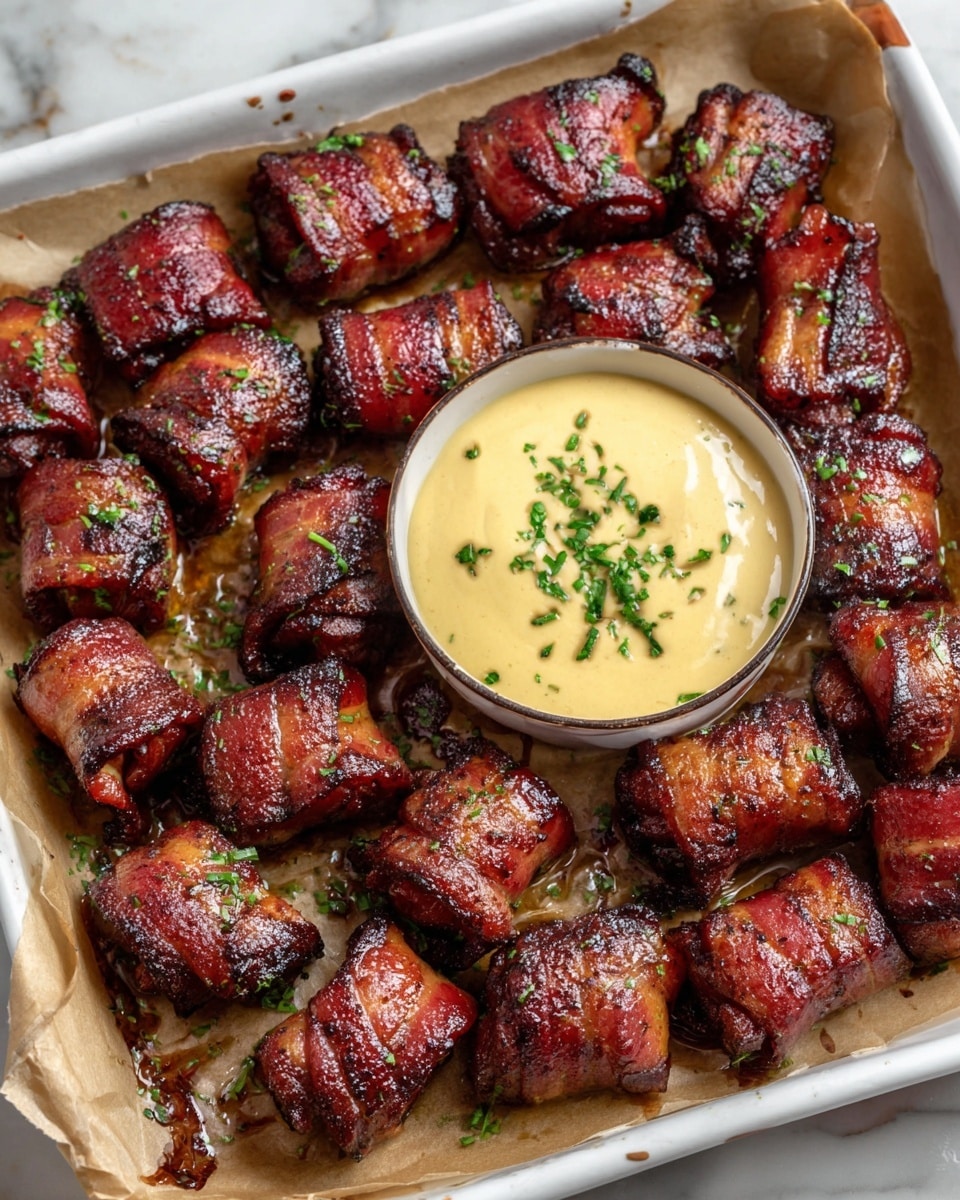 A white square baking tray filled with several small, dark brown bacon-wrapped pieces arranged in rows, surrounding a round dollop of light yellow creamy sauce in the center, sprinkled with green herbs. The bacon looks crispy with visible grill marks and a shiny glaze, showing a mix of dark and red-brown colors. The tray is lined with light brown parchment paper, and the background is a white marbled surface. photo taken with an iphone --ar 4:5 --v 7