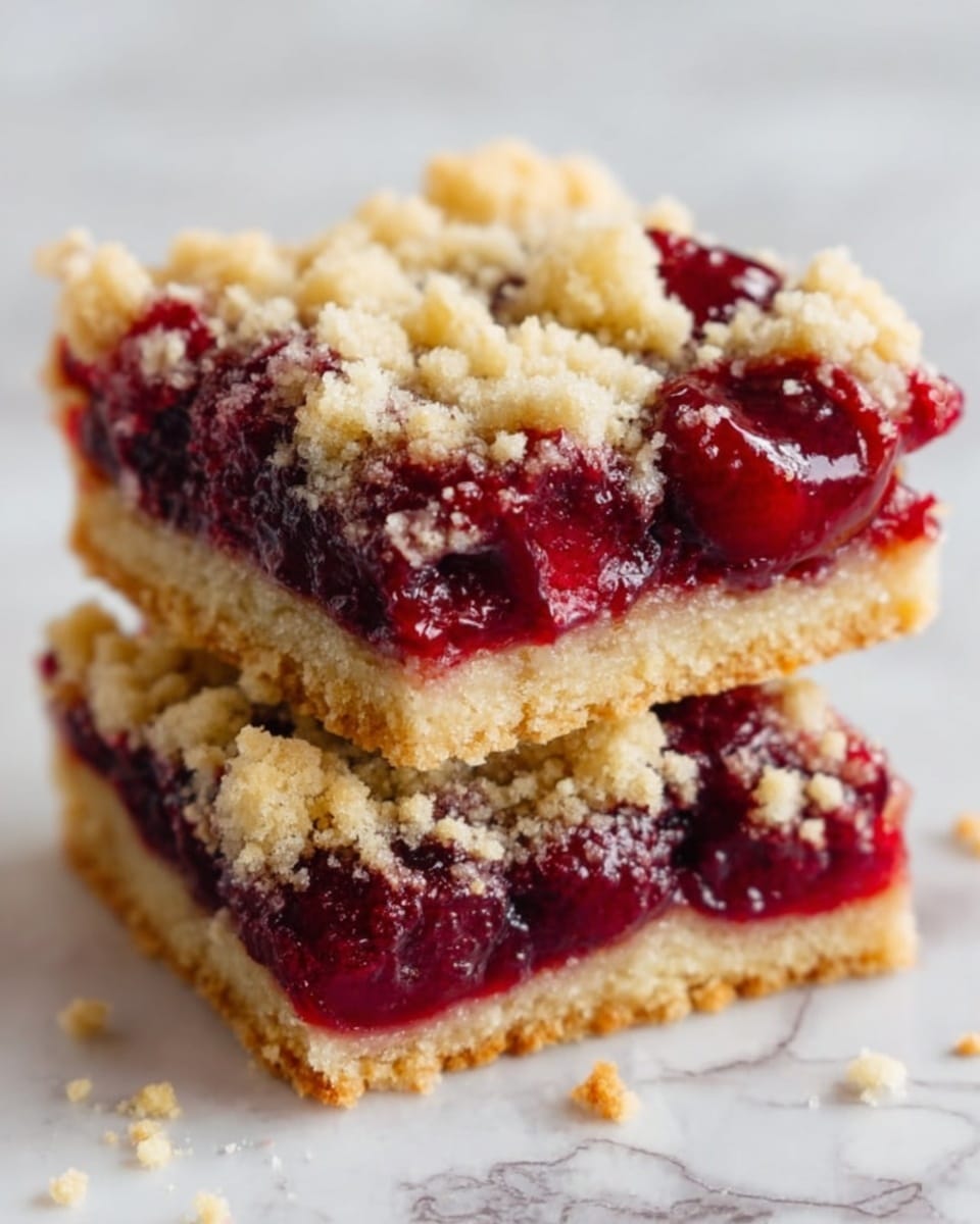 The image shows two pieces of cherry crumb bars stacked on top of each other on a white marbled surface. Each bar has three layers: a golden, slightly crumbly shortbread crust at the bottom, a thick, deep red cherry filling in the middle filled with whole cherries, and a crumbly, light brown streusel topping on top. The crumb layer looks coarse and uneven, with small chunks scattered over the cherry layer. The cherry filling is glossy and juicy, oozing slightly between the layers. The overall texture contrasts between soft fruit filling, crisp crust, and crunchy crumb topping. photo taken with an iphone --ar 4:5 --v 7
