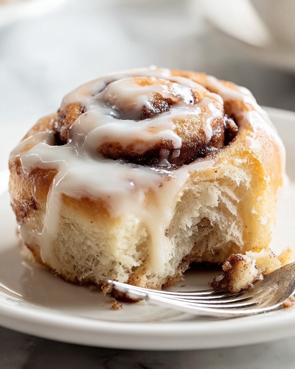 A close-up view of a single cinnamon roll on a white plate, featuring three main visible layers: the soft, light tan dough forming the base with a fluffy texture, a middle layer of swirled dark brown cinnamon filling, and a thick layer of white cream cheese glaze dripping over the top and down the sides. The cinnamon roll has a bite taken out of it, showing the inside crumb structure. A silver fork is resting on the plate next to the roll, all set on a white marbled surface. Photo taken with an iphone --ar 4:5 --v 7