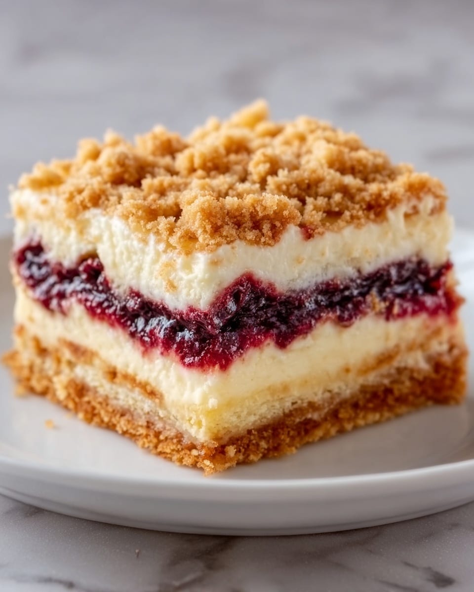 The image shows a square slice of layered dessert on a white plate, placed on a white marbled surface. The dessert has four distinct layers: the bottom layer is a golden brown crumbly crust, the second layer is creamy white with a smooth texture, the third layer is a dark purple-red jam or fruit filling, and the top layer consists of crumbly golden brown streusel pieces. The layers are even and clearly visible, showing a rich contrast between the creamy, fruity, and crumbly textures. Photo taken with an iphone --ar 4:5 --v 7