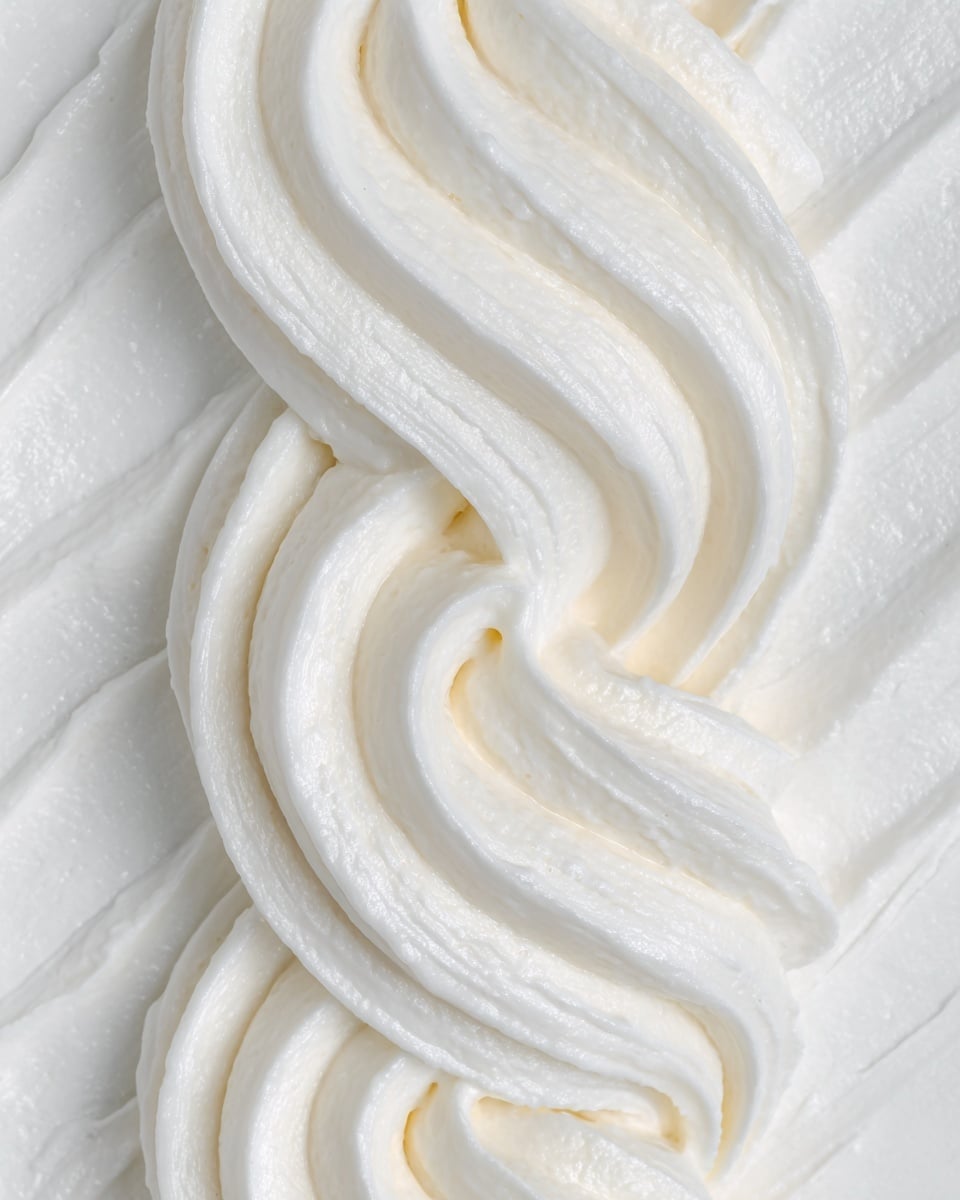 The image shows a close-up of thick, creamy white frosting swirled in a vertical ribbon pattern with gentle ridges and soft peaks, creating a smooth yet textured look. The frosting is shiny and uniform in color, with slight shadows emphasizing the curves and folds. The background is a white marbled texture. photo taken with an iphone --ar 4:5 --v 7