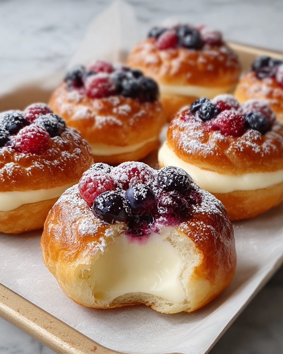 The image shows a tray of small round pastries with a shiny golden-brown top layer that is slightly textured and puffy. Each pastry has a central opening filled with a creamy, smooth white layer of custard or cream. On top of this cream, there is a layer of mixed berries, mainly red raspberries and dark blue blueberries, lightly dusted with powdered sugar that adds a snowy white touch. The pastries sit on a white parchment paper-lined tray, placed on a white marbled surface. One pastry in the front has a small bite taken out, revealing the soft and fluffy inside with the creamy layer spilling slightly. photo taken with an iphone --ar 4:5 --v 7