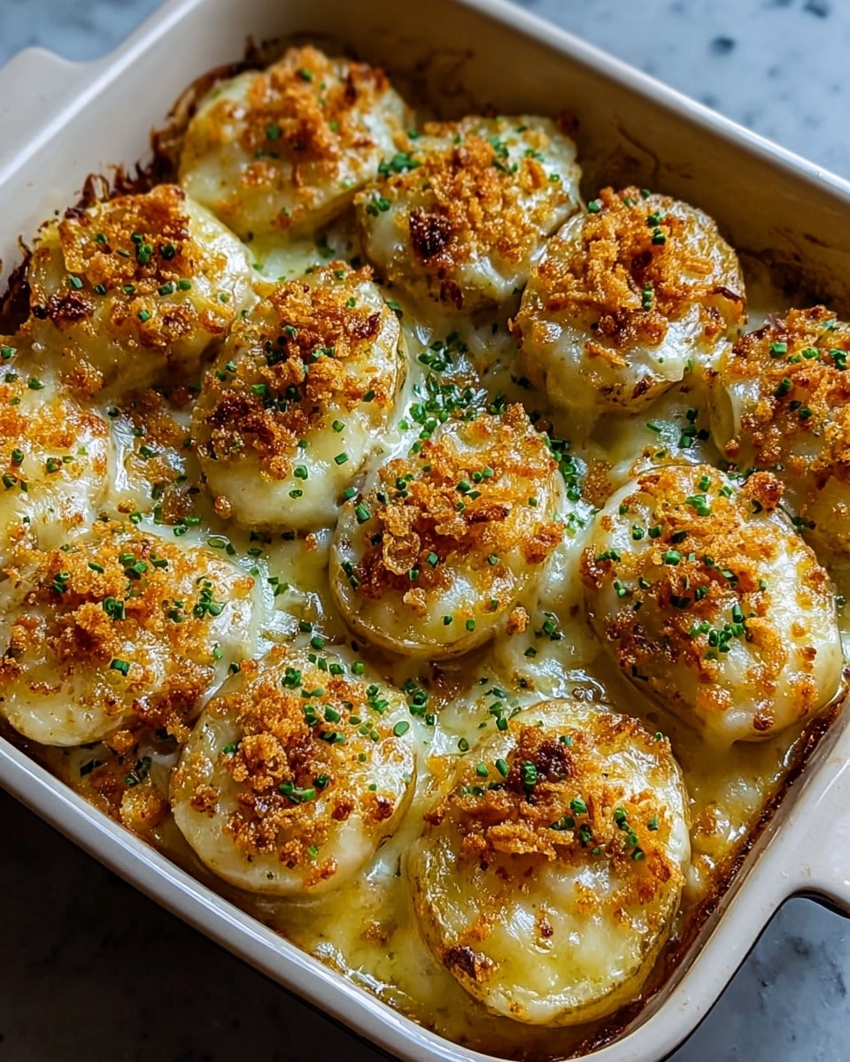 This image shows a baking dish filled with potato halves topped with a thick layer of melted and browned cheese that has a bubbly, golden texture. The potatoes have a light brown skin with a soft yellow inside visible beneath the cheese. Each potato half is sprinkled with crispy, golden breadcrumb bits and finely chopped green herbs scattered evenly on top. The dish is placed on a white marbled surface. Photo taken with an iphone --ar 4:5 --v 7