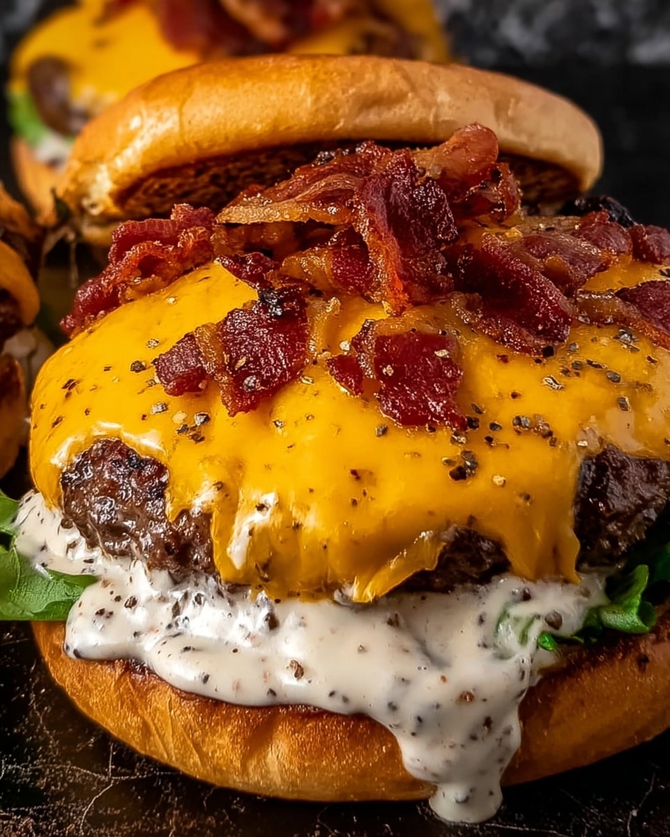 The image shows a close-up of a cheeseburger with multiple layers. The bottom layer is a toasted bun that appears golden brown. On top of the bun is a thick, juicy beef patty covered with creamy white sauce speckled with black pepper. Above the sauce is a melted orange cheddar cheese layer, slightly glossy and smooth, topped with small strips of crispy, browned bacon. Green lettuce peeks out slightly from under the beef patty. The whole burger sits on a dark cooking surface, contrasted by the white marbled texture behind it. Photo taken with an iphone --ar 4:5 --v 7
