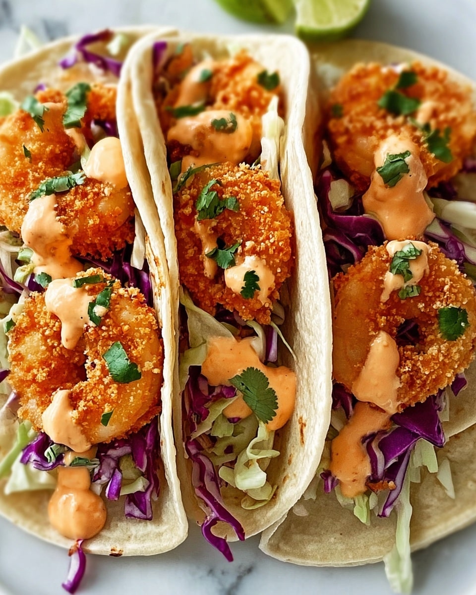 Three tacos are lined up closely on a surface with white marbled texture, each taco wrapped in a soft white corn tortilla that has slight grill marks. Inside each taco, there is a base layer of green shredded lettuce topped with bright purple shredded cabbage. On top of the greens, there are several crispy fried shrimp coated in a golden brown breaded crust. A light pink creamy sauce is drizzled generously over the shrimp and vegetables. Small green herb leaves are sprinkled over the top, adding a fresh touch. Photo taken with an iphone --ar 4:5 --v 7