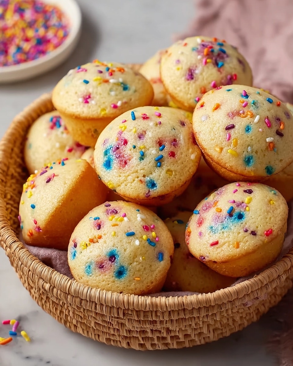 A basket holds about a dozen small cupcakes with smooth, light golden tops dotted with colorful blue, pink, red, yellow, and orange sprinkles. The cupcakes have a slight dome shape, and the colorful sprinkles are scattered evenly throughout the tops and into the light cake beneath, adding a playful texture. The basket is woven and natural-colored, sitting on a white marbled surface. In the background, a white plate with more colorful sprinkles is slightly blurred, and a woman's hand is seen near the edge of the image. photo taken with an iphone --ar 4:5 --v 7