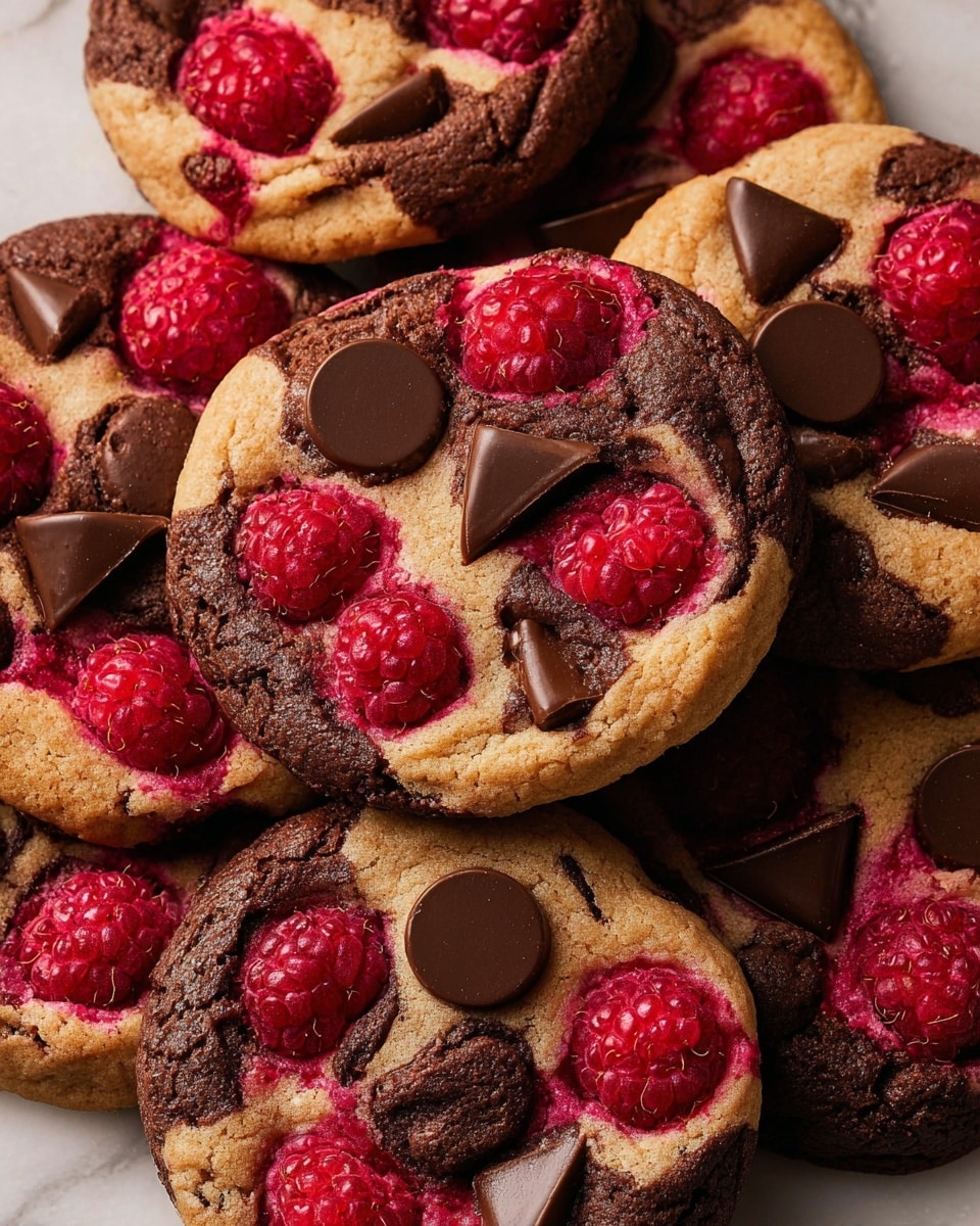 A close-up view of multiple cookies stacked together, each cookie having two main layers: a dark brown chocolate outer edge and a lighter beige inner dough. Swirled into the cookies are patches of bright red raspberry, blending with juicy raspberries placed on top in small clusters. Scattered around the raspberries are large, glossy dark chocolate chunks in triangular and round shapes that sit slightly raised on the cookie surface. The texture looks soft and slightly crumbly with the rich colors contrasting vividly, all set against a white marbled background. photo taken with an iphone --ar 4:5 --v 7