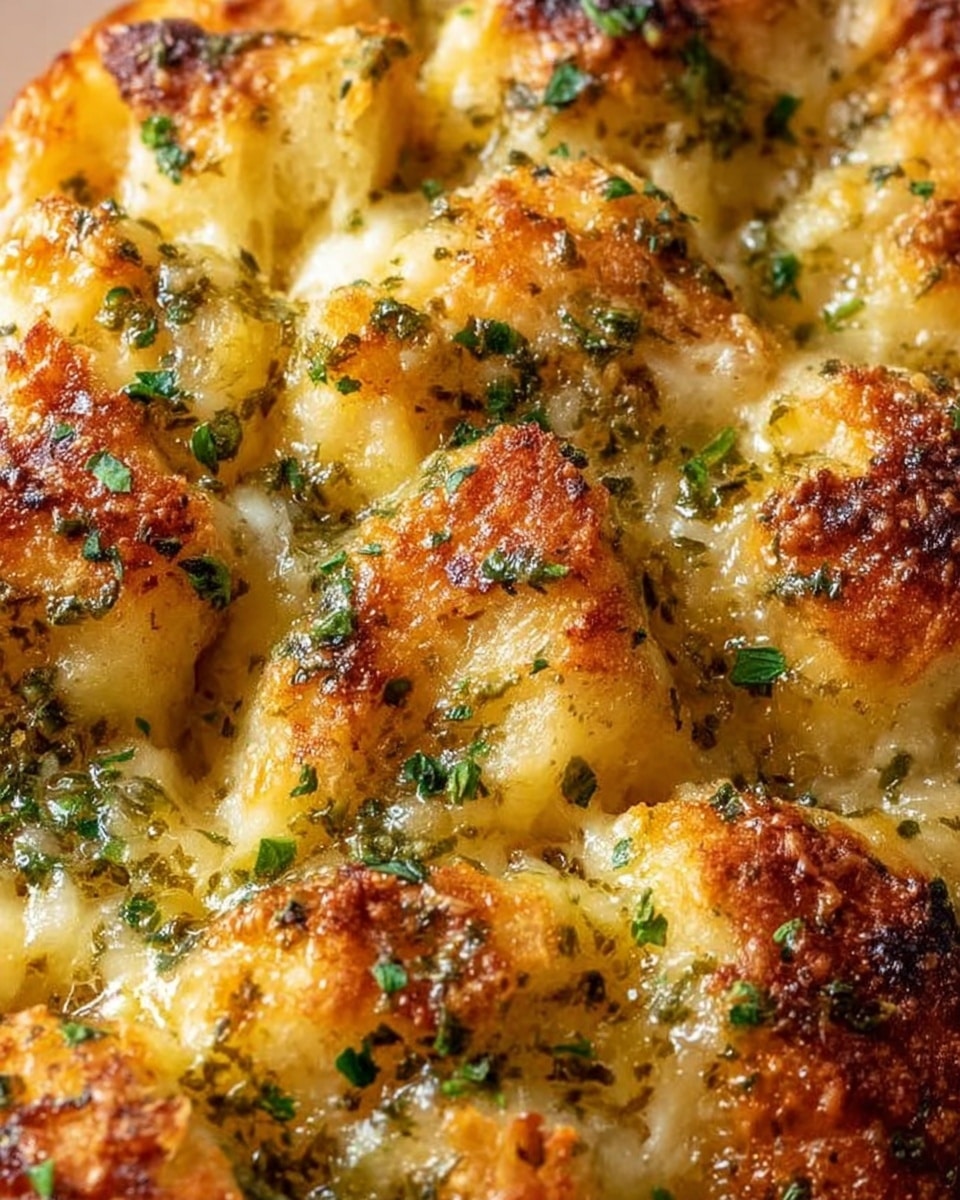 The image shows a close-up of golden brown, crispy bread pieces topped with melted cheese and sprinkled with finely chopped green herbs, likely parsley. The bread surface is bubbly and uneven with some richly browned spots indicating toasty areas. The glossy texture shows some oil or butter pooling in the crevices between the soft cheese-covered bread pieces, which are tightly packed together to form one thick, fluffy layer. The colors range from light yellow cheese to dark golden crispy edges with bright green herb specks scattered across. Photo taken with an iphone --ar 4:5 --v 7