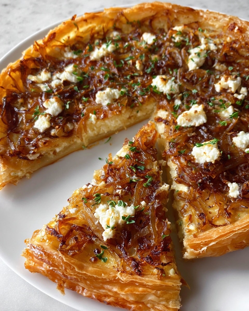 A round tart on a white plate with a golden, flaky crust that shows many thin layers at the edge; the top layer is covered in caramelized, soft brown onions spread evenly, with small white dollops of creamy cheese scattered across. Fresh green herbs are sprinkled lightly for color contrast. One slice is cut and slightly pulled out from the tart, showing the thickness and texture of the crust and toppings. The whole scene is set on a white marbled surface. photo taken with an iphone --ar 4:5 --v 7