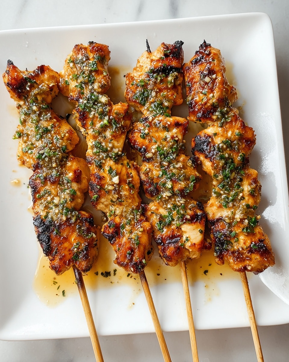 Four wooden skewers of grilled chicken satay rest parallel on a clean white square plate. Each skewer holds several chunks of golden-brown chicken with charred edges, coated in a shiny, textured sauce made of garlic and chopped green herbs that glisten under the light. The sauce pools slightly at the base of the skewers, adding a glossy wet look. The plate is set on a white marbled surface, showing a bright and fresh presentation. photo taken with an iphone --ar 4:5 --v 7