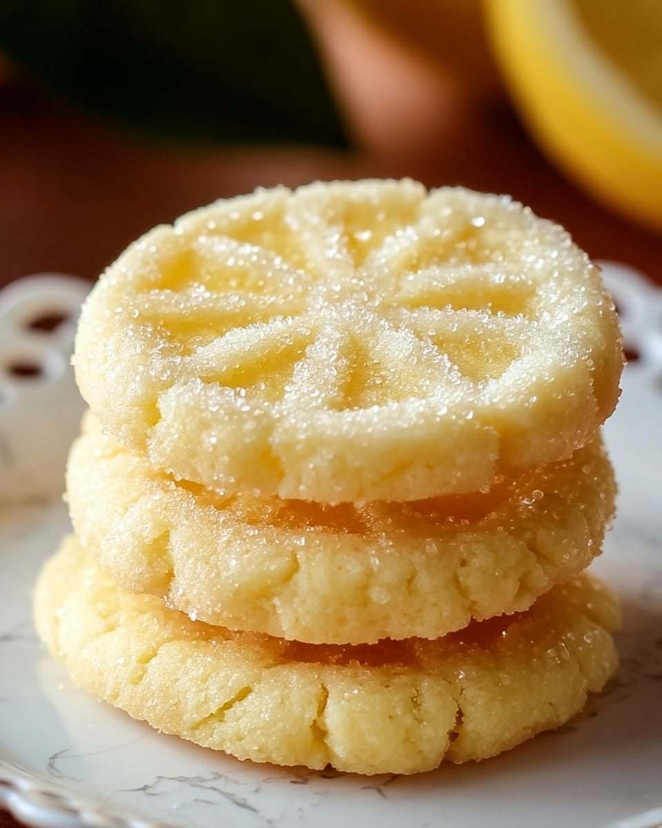 A close-up view of three round lemon cookies stacked on top of each other on a white plate with a delicate cut-out edge. Each cookie has a pale yellow color with a slightly cracked texture on the side and is covered with granulated sugar crystals that sparkle in the light. The top cookie shows a lemon slice pattern imprinted on its surface, adding a decorative and fresh touch. The background is blurred with warm tones and a white marbled texture beneath the plate. photo taken with an iphone --ar 4:5 --v 7