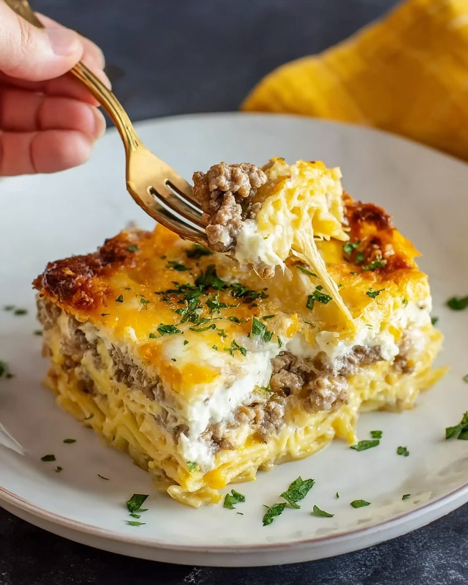 A square slice of layered breakfast casserole sits on a white plate with a white marbled surface underneath. The casserole has a golden brown, crispy top layer with browned bits of sausage and melted cheese. Beneath this, there is a thick creamy layer of melted cheese and egg mixture, showing soft, fluffy yellow and white textures. The base layer looks like a baked crust with a slightly browned, firm texture. Small green herb pieces are sprinkled on top and around the plate. A woman's hand holding a gold fork lifts a bite from the casserole, showcasing the mix of sausage, cheese, and egg. Photo taken with an iphone --ar 4:5 --v 7