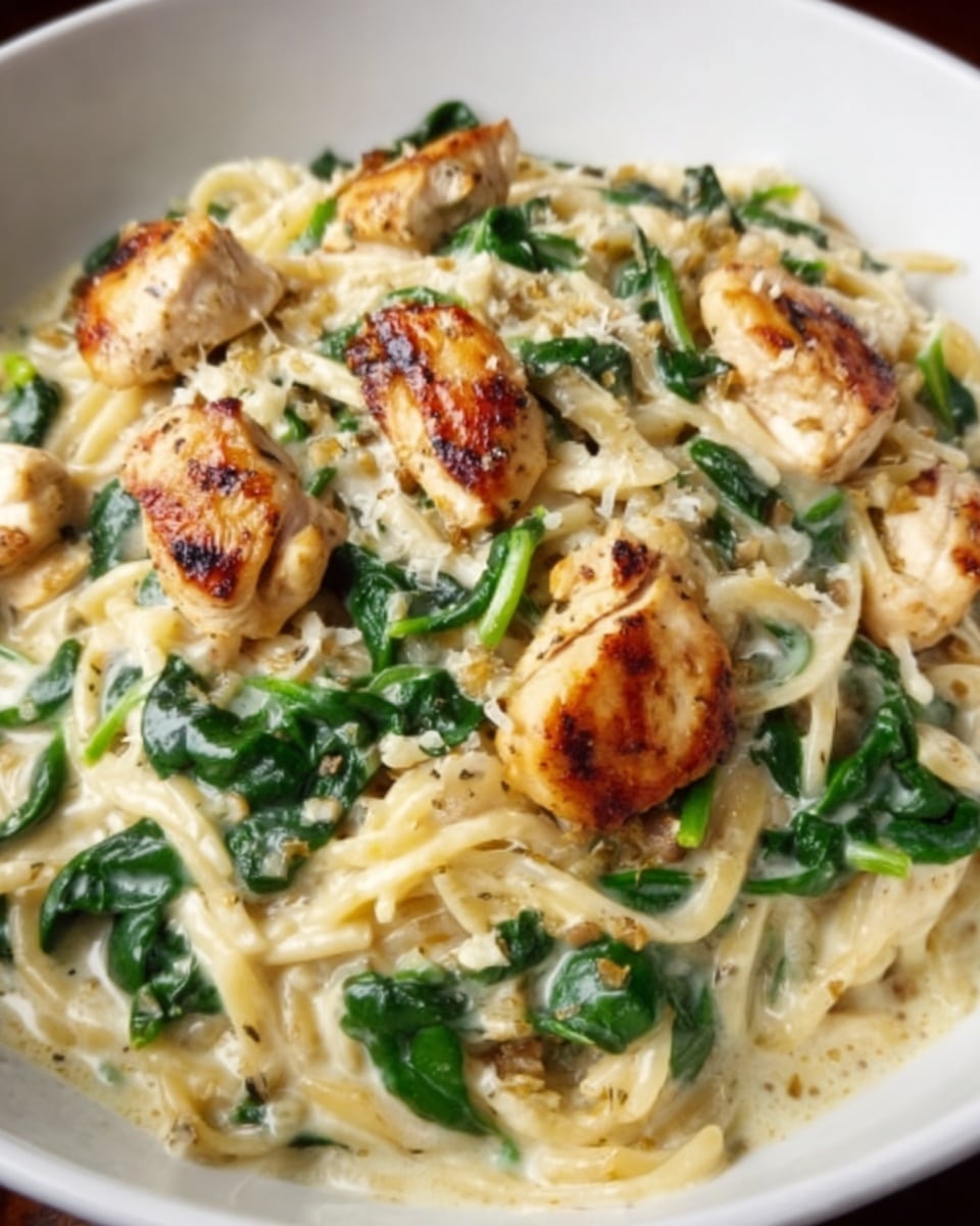 The image shows a white bowl filled with creamy pasta, layered with alfredo sauce that looks smooth and pale yellow. On top, there are several pieces of grilled chicken with golden brown char marks, slightly shiny from seasoning. Bright green spinach leaves are mixed throughout the pasta, adding color contrast. The pasta strands are long and coated in the sauce, some curling gently. The bowl rests on a white marbled surface. photo taken with an iphone --ar 4:5 --v 7