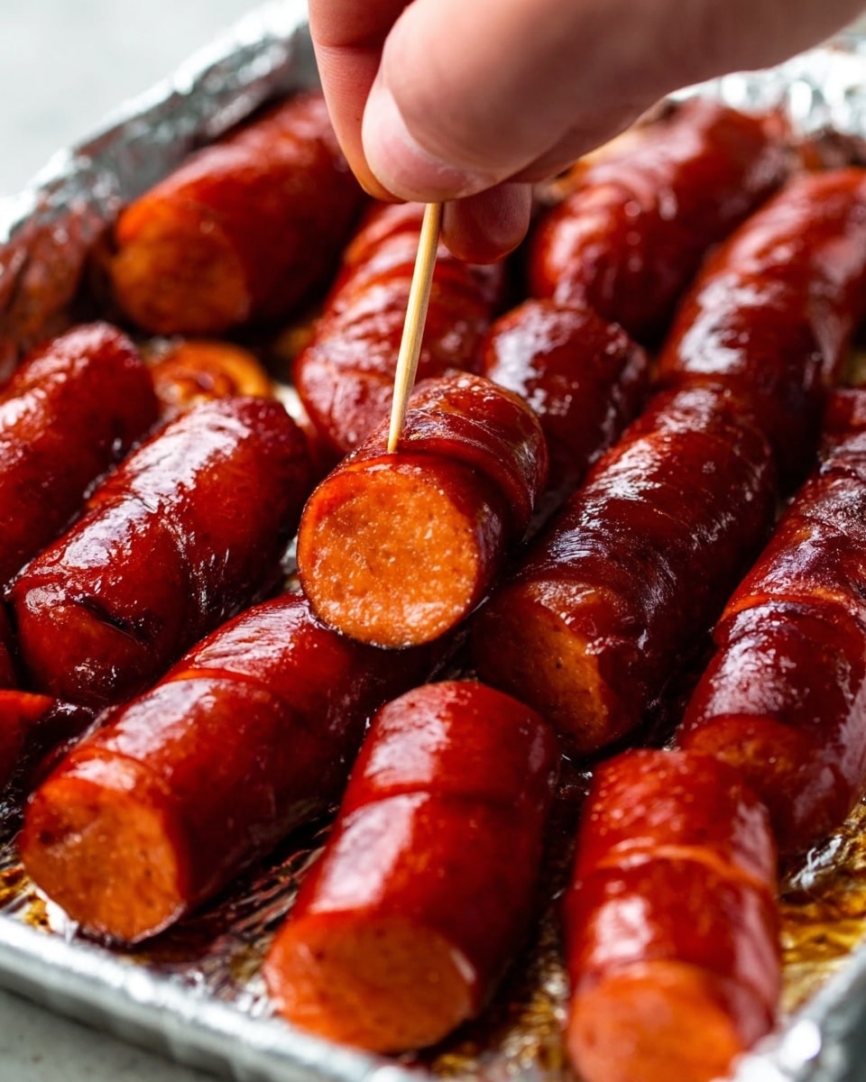 The image shows a close-up of shiny cooked sausages arranged closely in a white aluminum tray. The sausages are deep reddish-brown with a glossy, slightly sticky surface, and some are sliced at an angle to reveal a bright, juicy orange inside. A woman's hand is holding a toothpick, picking up one sliced sausage, showing its texture and cooked edges. The background is a white marbled texture, highlighting the rich colors and shiny gloss of the sausages. Photo taken with an iphone --ar 4:5 --v 7