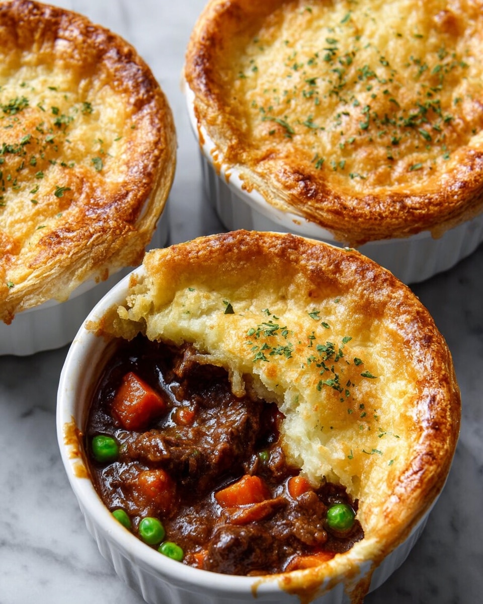 Three small white round ramekins hold individual meat pies, each with a thick golden-brown crust on top, slightly puffed with a rough texture and sprinkled with green herbs. The top layer crust is broken open on one pie, revealing a rich dark brown stew filling with chunks of beef, small bright orange carrot pieces, and green peas mixed inside. The pies sit on a white marbled surface, and the edges of the crust are flaky and crisp, slightly spilling over the sides of the ramekins. photo taken with an iphone --ar 4:5 --v 7
