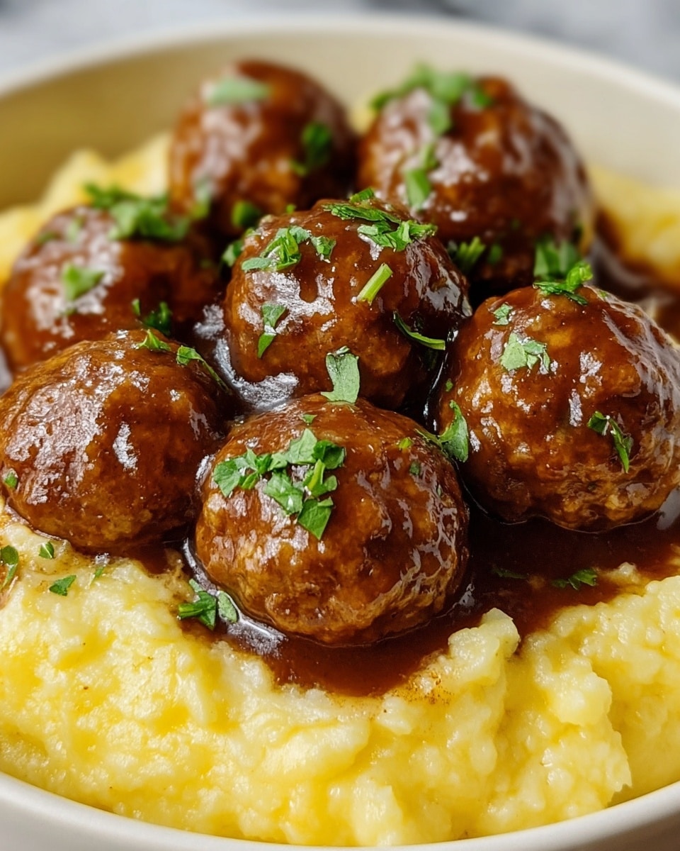 The image shows a close-up view of a white bowl filled with creamy yellow mashed potatoes as the base layer, topped with seven round, glossy brown meatballs covered in a thick brown sauce. The meatballs are garnished with small pieces of fresh green herbs scattered evenly on top. The texture of the mashed potatoes looks smooth and slightly chunky, while the meatballs have a moist and tender appearance with the sauce giving them a shiny glaze. The photo is taken on a white marbled surface. photo taken with an iphone --ar 4:5 --v 7