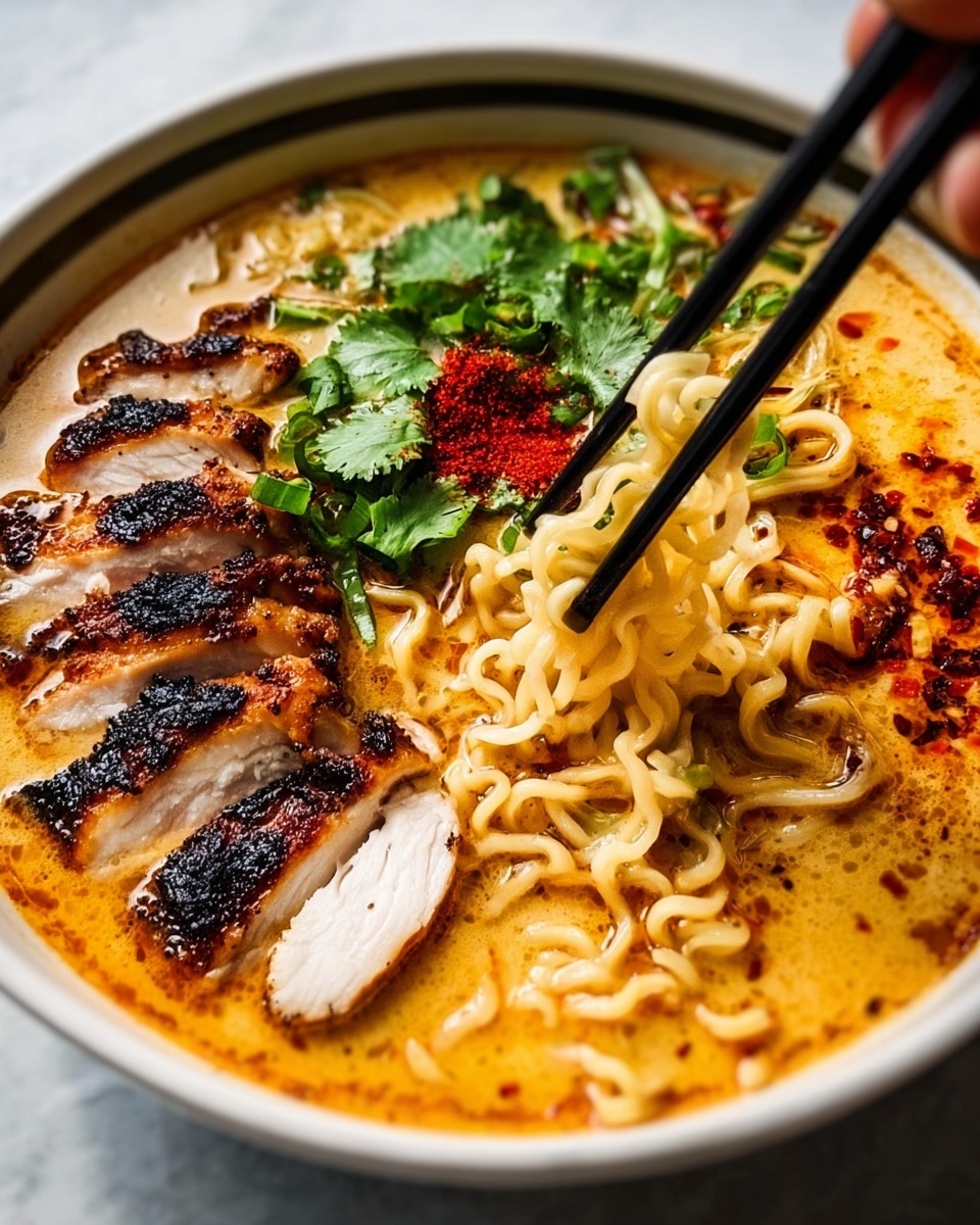 A bowl of creamy orange-colored ramen broth filled with wavy yellow noodles, some lifted by black chopsticks held by a woman's hand. To the side, there are several slices of grilled chicken with a crispy, dark brown charred texture and a white interior. Green chopped scallions and fresh cilantro leaves are scattered on top, and a small pile of red chili powder adds a pop of color near the chicken. The bowl is white and sits on a white marbled surface. photo taken with an iphone --ar 4:5 --v 7