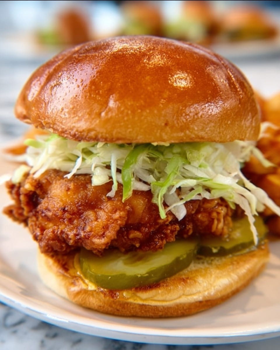 The image shows a sandwich with a shiny, golden brown bun on top. Below the bun, there is a layer of shredded lettuce that is light green and thin. Under the lettuce, there is a large piece of crispy fried chicken that has a textured, crunchy, golden brown coating. Beneath the chicken, there are slices of green pickles sitting on the bottom half of the bun, which is soft and also golden brown. The sandwich is placed on a white plate with some food blurred in the background, all on a white marbled surface. Photo taken with an iphone --ar 4:5 --v 7