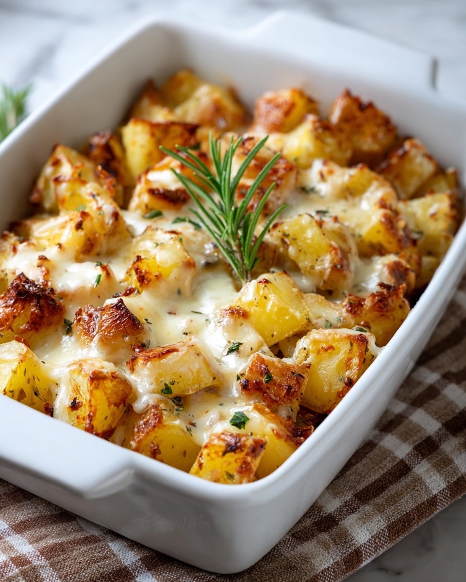 The image shows a white rectangular dish filled with golden brown roasted potato cubes topped with melted white cheese that is slightly browned, giving a bubbly texture. The potato pieces show crispy edges mixed with soft yellow insides. Small green herb leaves are sprinkled over the cheese, and a fresh sprig of rosemary sits in the center on top. The dish sits on a towel with a checkered pattern, all placed on a white marbled surface. photo taken with an iphone --ar 4:5 --v 7