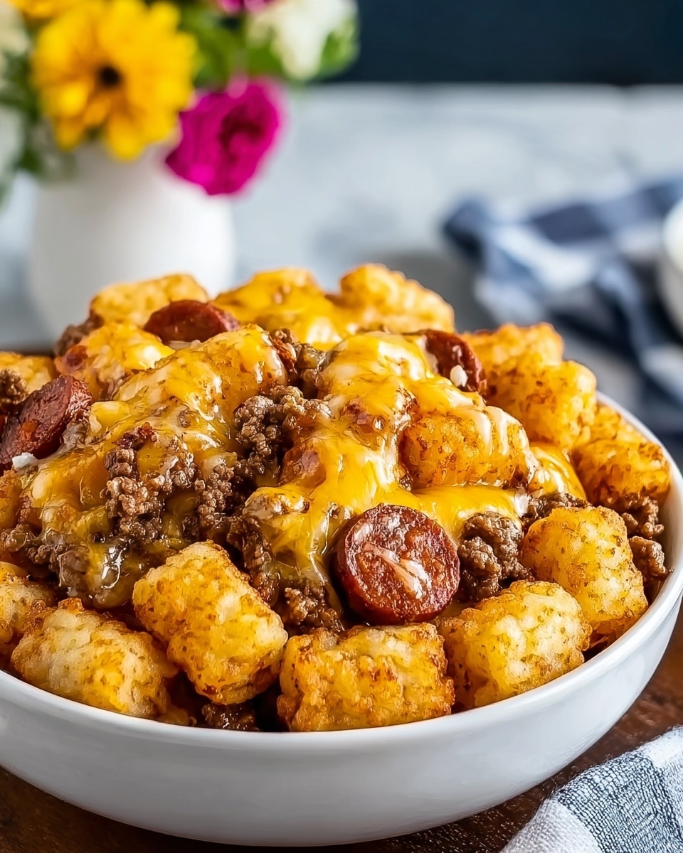 The image shows a white bowl full of a layered dish on a white marbled surface. The base layer consists of golden brown, crispy tater tots, some covered with melted yellow cheddar cheese that looks gooey and rich. Mixed among the tater tots are browned ground meat pieces and sliced round sausage pieces, both giving a hearty texture. The melted cheese covers parts of the meat and tater tots, adding a shiny, creamy layer on top. In the background, there is a blurred white vase holding colorful flowers, adding a fresh touch. Photo taken with an iphone --ar 4:5 --v 7