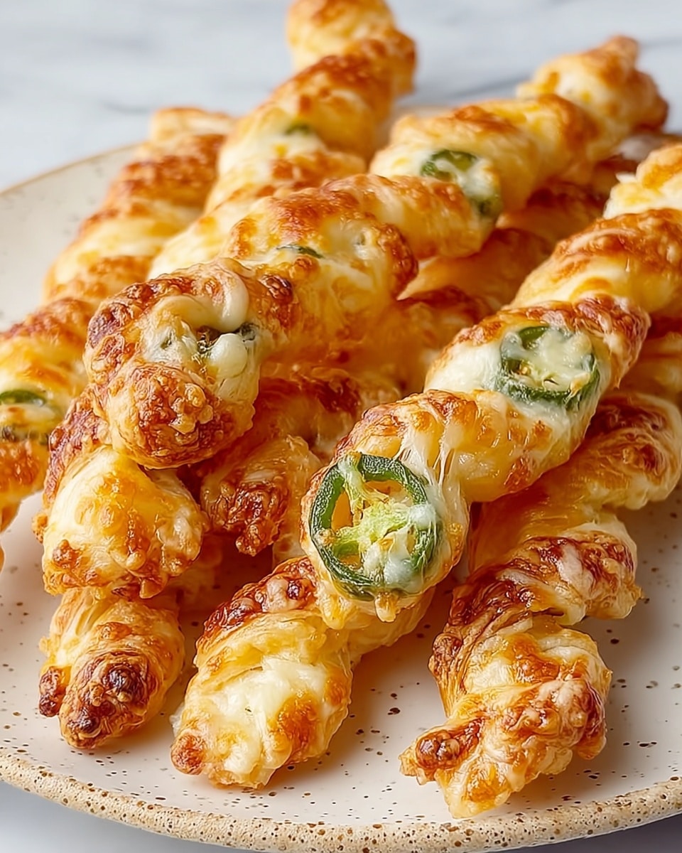A plate filled with many twisted golden brown pastry sticks is shown, each stick wrapped in crispy, flaky dough with visible layers of melted cheese creating a shiny, slightly bubbly texture on top. Thin slices of green jalapeño peppers are inserted throughout the twists, adding spots of vibrant green color contrasting with the warm tones of the pastry. The plate is white and rests on a white marbled surface with a soft natural light highlighting the textures, making the pastries look warm and fresh. photo taken with an iphone --ar 4:5 --v 7