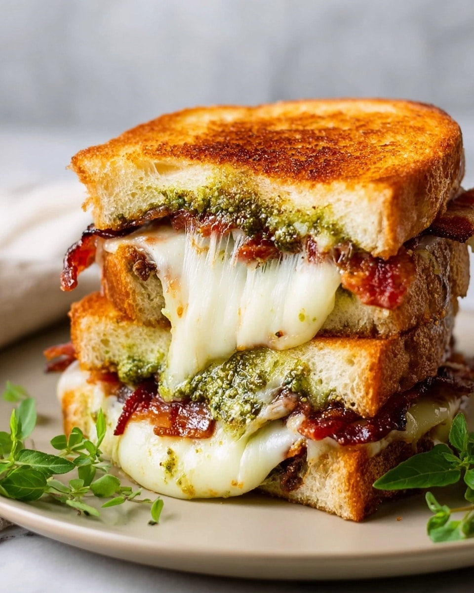 A close-up of a grilled cheese sandwich cut in half and stacked on a white plate, showing three visible layers: golden-brown toasted bread on top with a crispy texture, a thick layer of melted white cheese oozing out in the middle, and a rich green pesto spread dotted on both bread slices, with bits of crispy brown bacon peeking through the cheese. The sandwich sits on a white marbled surface with a few small green leaves near the plate. photo taken with an iphone --ar 4:5 --v 7