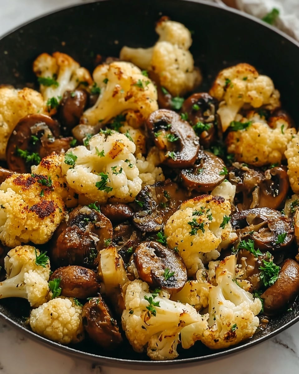 The dish shows a close-up of a black skillet filled with sautéed vegetables. The bottom layer is made of brown sliced mushrooms with a shiny, cooked texture. On top of the mushrooms are pieces of light golden-brown cauliflower florets with some char marks, giving them a slightly crispy look. Both vegetables are sprinkled with small bits of fresh green parsley, adding a touch of color contrast. The skillet rests on a white marbled surface, creating a clean and bright background. Photo taken with an iphone --ar 4:5 --v 7
