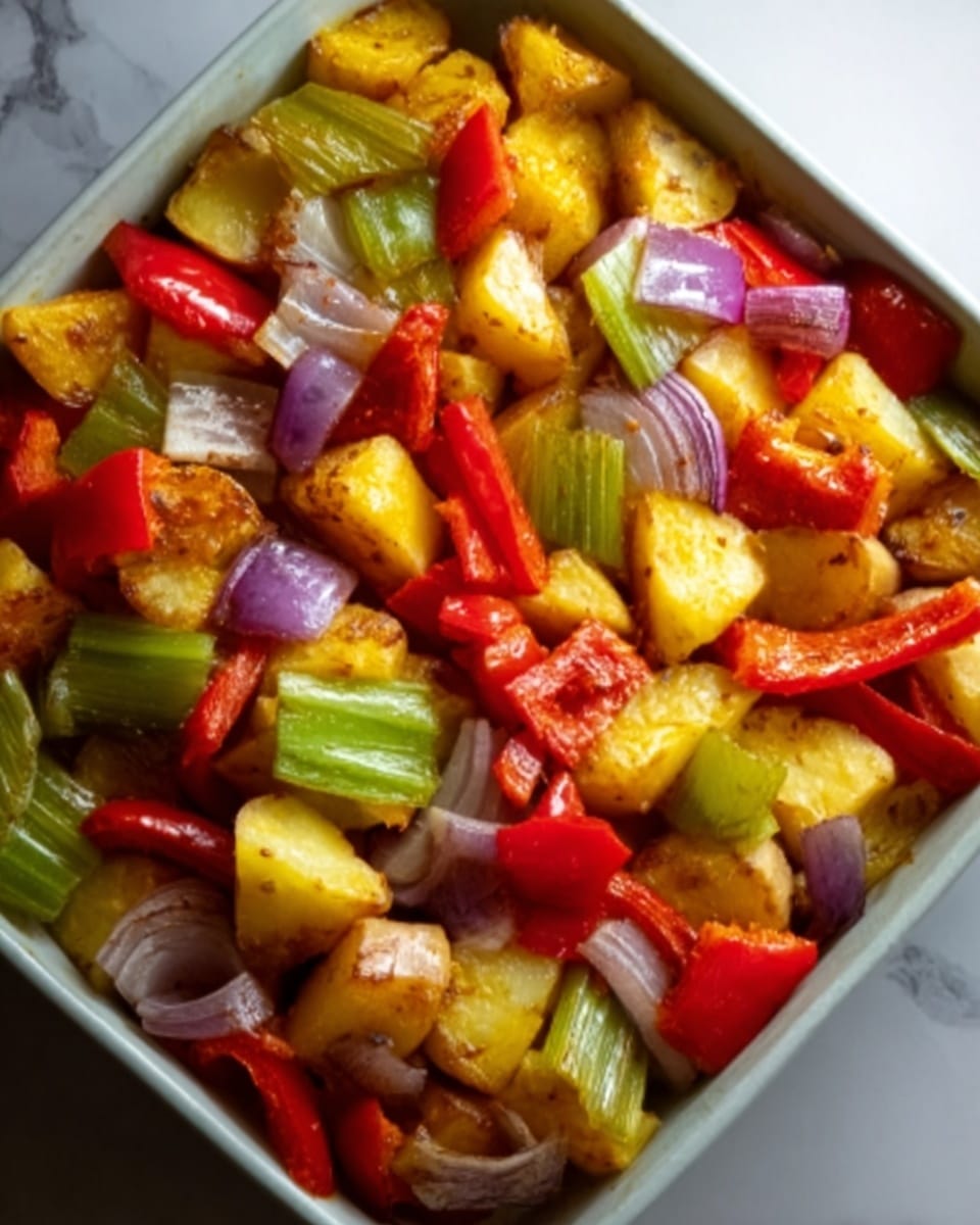 The image shows a colorful dish with multiple layers of roasted vegetables. The bottom layer has large pieces of yellow potatoes with a rough texture. On top of that, there are chunks of bright red bell peppers and chunks of light green celery, both glossy from being cooked. Scattered throughout are small pieces of purple onion that look soft, adding a hint of color contrast. The vegetables are placed closely together, filling a white bowl sitting on a white marbled surface. photo taken with an iphone --ar 4:5 --v 7