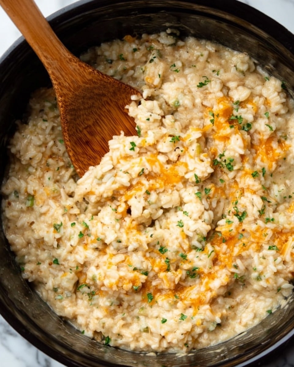 The image shows a close-up of a creamy rice dish in a black pot. The dish has a mix of light beige rice grains with scattered small pieces of orange cheese melted on top and bits of green herbs throughout. A wooden spoon is partially dipped into the mixture, stirring the soft and thick texture of the rice. The scene is set on a white marbled surface, highlighting the warm, rich colors of the rice dish. Photo taken with an iphone --ar 4:5 --v 7