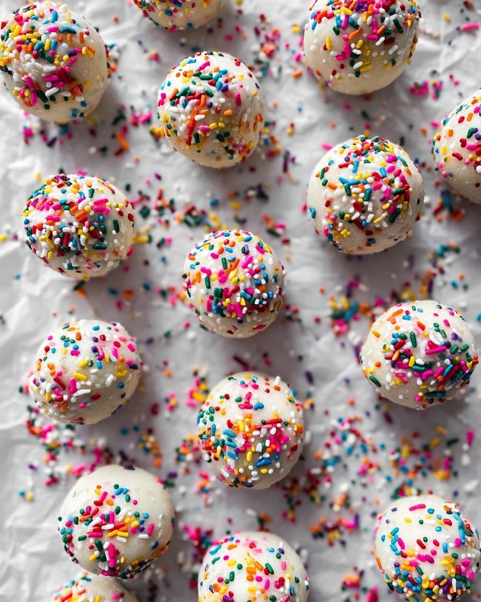 The image shows many round white dough balls covered with different colorful sprinkles. Each dough ball has a smooth white base mixed with tiny bits of colors inside, topped with bright rainbow sprinkles in red, orange, yellow, green, blue, pink, purple, and white, giving the balls a fun and festive look. The balls are spread evenly on a crinkled white paper sheet over a white marbled texture surface, with extra sprinkles scattered around them. The lighting shows the soft texture of the balls clearly, making them look fresh and ready to enjoy. photo taken with an iphone --ar 4:5 --v 7
