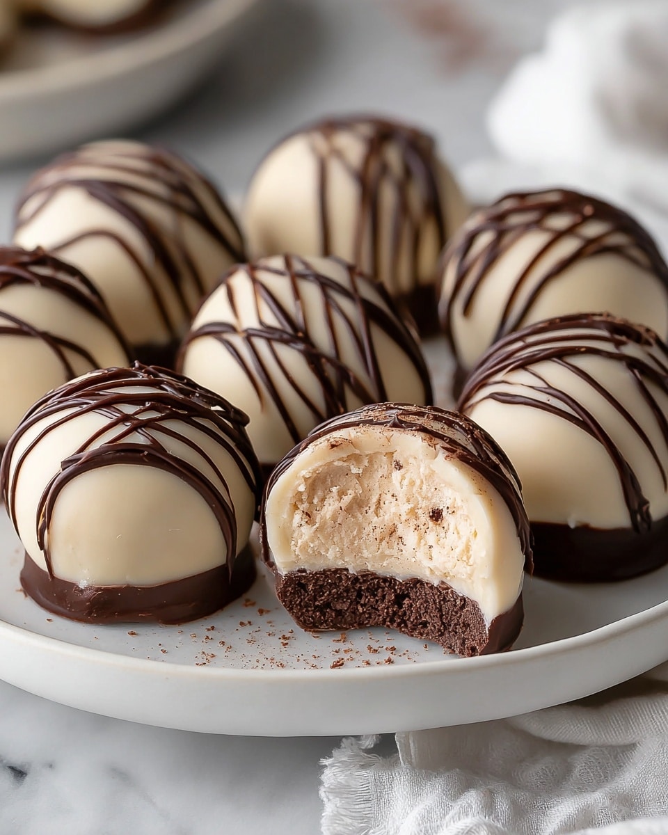 A white plate holds several round truffles, each with three distinct layers. The bottom layer is dark brown, firm and glossy, forming a solid base. Above it sits a larger dome of smooth, creamy ivory, making up most of the truffle’s body. Thin dark brown chocolate stripes are drizzled evenly across the top in a crisscross pattern. One truffle in the center is cut in half, revealing a soft, creamy interior with a slightly grainy texture and a dusting of cocoa powder near the exposed edge. The plate is placed on a surface with a white marbled texture. photo taken with an iphone --ar 4:5 --v 7