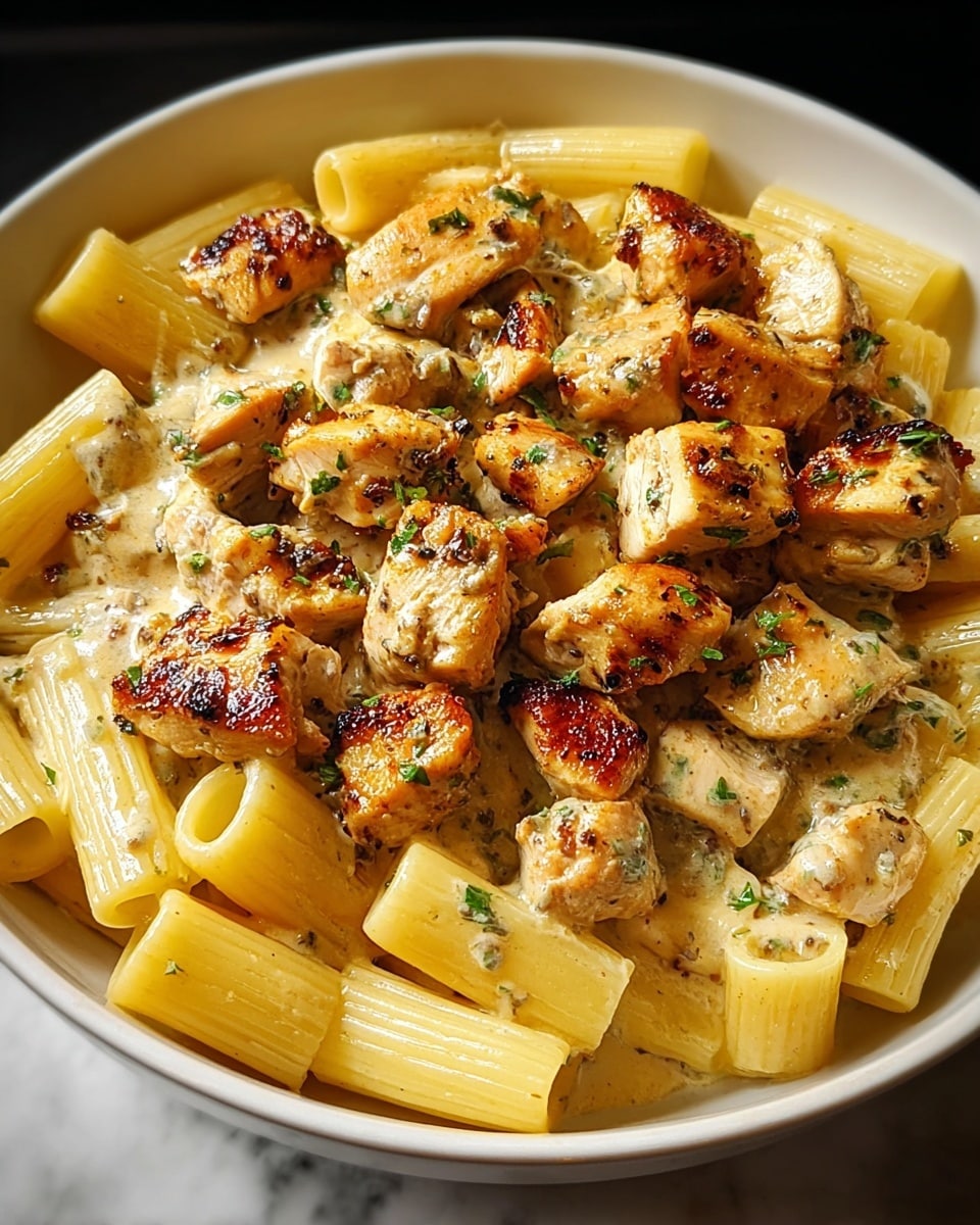 This dish shows a close-up view of a white bowl filled with three main layers: at the bottom, there is rigatoni pasta in a light yellow color with a slight glossy texture; on top of that, there are chunks of grilled chicken with a golden-brown, slightly charred surface, sprinkled evenly throughout; the top layer is a creamy sauce with small green herb pieces mixed in, coating the pasta and chicken, giving a rich and slightly shiny appearance. The bowl sits on a white marbled surface, and the whole image is warm and inviting. photo taken with an iphone --ar 4:5 --v 7
