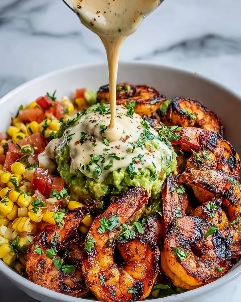 A white bowl filled with a colorful dish starting with a base layer of mixed corn and finely chopped red onion and green herbs on the left side. On the right side, there is a layer of grilled shrimp, charred with dark grill marks and a rich orange-pink color. In the center, there is a green creamy scoop of avocado topped with chopped fresh green herbs. A creamy light sauce is being poured over the avocado, flowing down its sides. The bowl is set on a white marbled surface. Photo taken with an iphone --ar 4:5 --v 7