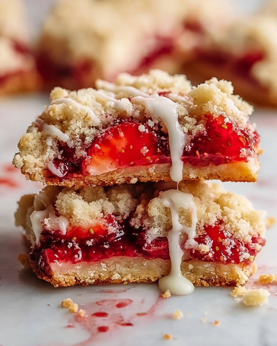 The image shows a close-up of a crumbly strawberry dessert broken in half, stacked on a white marbled surface. The bottom layer is a golden crumbly base, topped with a bright red, glossy strawberry filling with visible strawberry seeds and small fruit pieces. Above that is a thick layer of crumbly, light beige topping. A thin stream of white glaze drips slowly down the center, connecting the two halves of the dessert. Crumbs scatter around the dessert, enhancing the textured look. Photo taken with an iphone --ar 4:5 --v 7