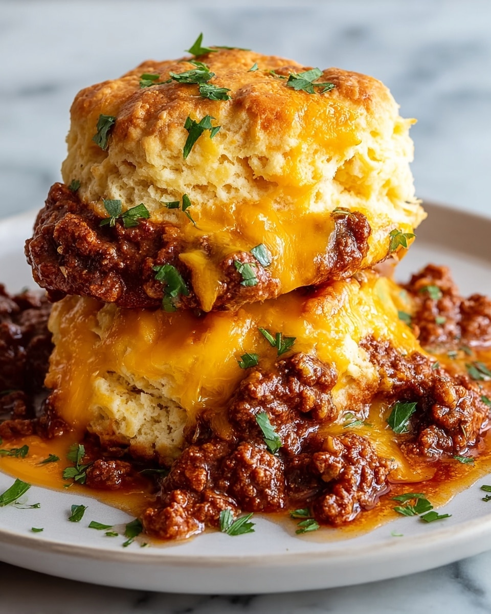 A close-up of a biscuit sandwich cut in half, showing three layers: the top is a golden brown, fluffy biscuit with a slightly crispy texture and melted orange cheddar cheese on top, sprinkled with chopped green herbs. The middle layer is rich, thick ground beef chili with a dark reddish-brown color and a chunky texture. The bottom layer is the same golden biscuit base, soft and airy. The chili sauce spills over the sides onto a white plate with a slightly rough texture and a thin, worn brown rim, all set on a white marbled surface. photo taken with an iphone --ar 4:5 --v 7