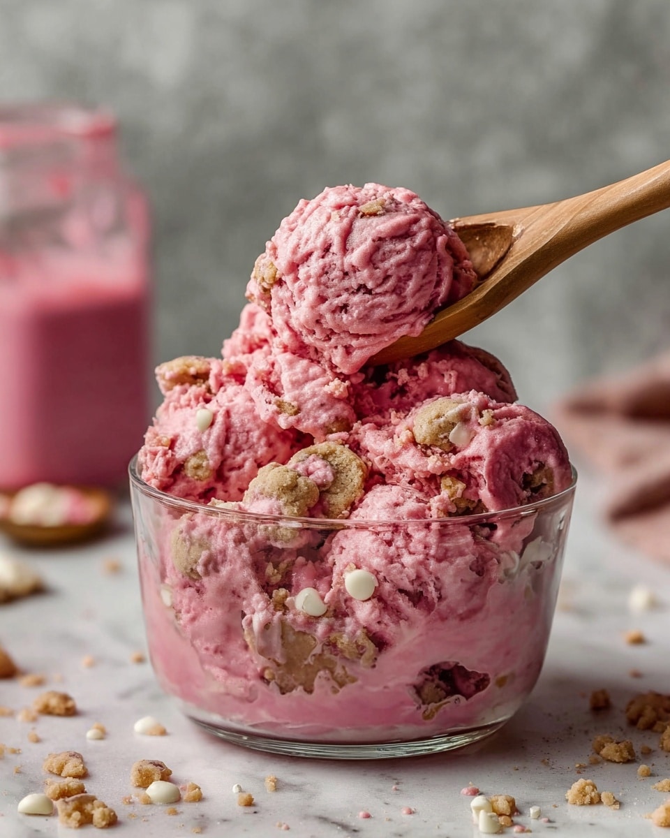 A clear glass bowl filled with a creamy pink dessert mixed with chunks of cookie dough pieces and small white candy bits, with a wooden spoon scooping out a round portion of the dessert. The dessert shows rough textures from the cookie dough and smooth creamy pink layers covering and surrounding the chunks. The bowl sits on a white marbled surface with a blurred small glass jar of pink liquid and a silver spoon in the background. Crumbled pieces of the same dessert are scattered around the bowl. Photo taken with an iphone --ar 4:5 --v 7